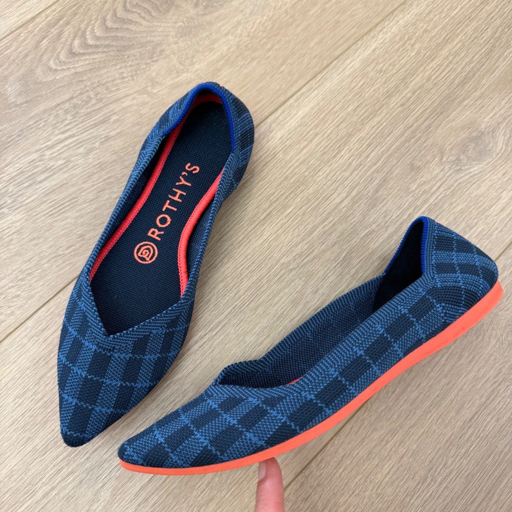 Rothys The Point Navy Blue Plaid Pointed Toe Flats Neon Orange Sole Womens 6.5 - Picture 2 of 8
